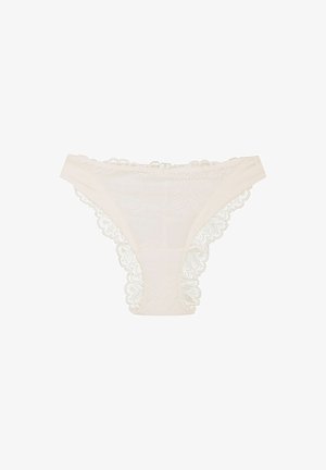 Weiße Tangas mit Spitzenrand und floralem Muster, ausgestattet mit einem weichen Mesh-Material und gewellten Kanten für einen eleganten Look.