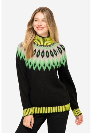 Zwarte trui met groene en grijze geometrische patronen, hoge nek en geribde boorden en zoom met opvallende limoenaccenten. Zachte brei textuur.
