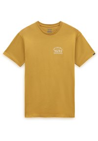 Camiseta de algodón color mostaza con mangas cortas, cuello redondo y pequeño logo blanco de "Vans" impreso en la parte delantera con un diseño en arco.