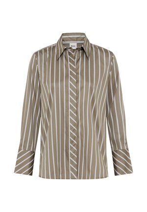 Braune gestreifte Bluse mit weißen vertikalen Linien, mit durchgehender Knopfleiste, spitzem Kragen und 3/4-langen Ärmeln mit breiten Manschetten.