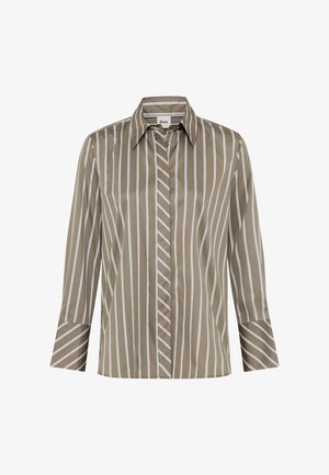 Braune gestreifte Bluse mit weißen vertikalen Linien, mit durchgehender Knopfleiste, spitzem Kragen und 3/4-langen Ärmeln mit breiten Manschetten.