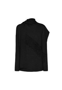 Schwarzer Rollkragenpullover mit langen Ärmeln und einem diagonalen Fransen-Detail an einer Seite. Hergestellt aus einem weichen, strukturierten Stoff.