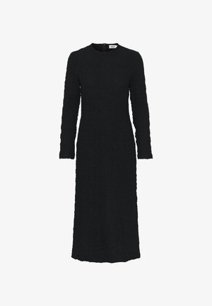 Fekete, hosszú ujjú ruha struktúrált anyagból, egyenes szabással, kerek nyakkivágással és hátsó cipzárral.
