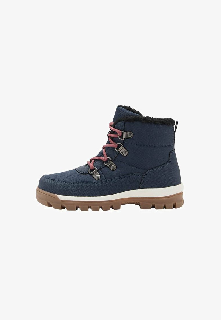 Navy fabric ankle boots with pink laces, faux fur collar, white midsole, and rugged brown outsole. Padded design for added comfort.