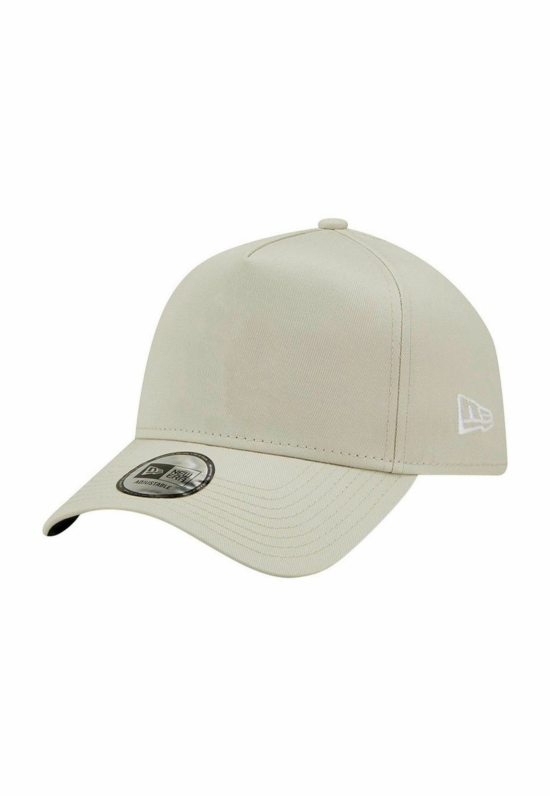 Beige adjustable baseball cap with curved brim and visible New Era logo on front sticker and side embroidery.