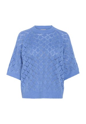Pull en tricot bleu clair avec un motif en losange, manches courtes et ourlet côtelé. Fabriqué en un matériau doux et texturé.
