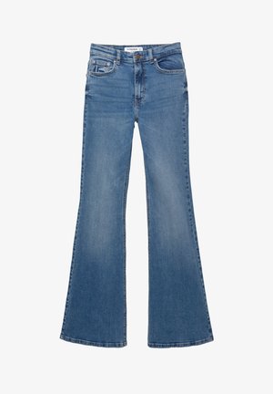 Jean flare en denim bleu à taille haute, avec cinq poches, une fermeture à bouton et un effet délavé pour un look usé.