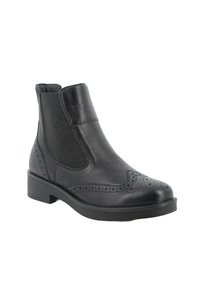 Stivale alla caviglia in pelle nera con pannelli elastici laterali, dettagli perforati, punta arrotondata e tacco basso a blocco. Texture liscia, design classico.