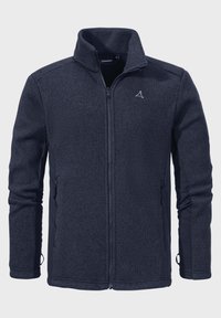 Navy fleece jacket with a high collar and two side zip pockets. Features a textured fabric and a subtle logo on the left chest.