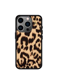 Etui na telefon w wzór panterki z czarną ramką, z teksturowanym wykończeniem i trzema wycięciami na aparat w smukłym prostokątnym kształcie.