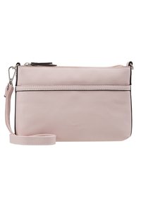 Vaaleanpunainen nahkainen olkalaukku, jossa on vetoketjusuljenta, musta reunus, irrotettava hihna ja pieni logo prässätty etuosaan.