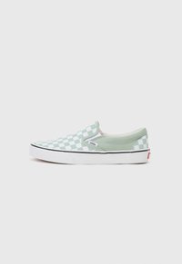 Light green slip-on shoes with a checkerboard pattern, padded collar, white rubber sole, and Vans logo tag on the side.