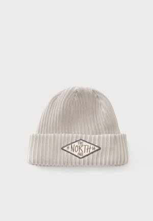 Jasnoszara prążkowana dzianinowa czapka z podwiniętym mankietem, z diamentowym naszywką z logo "The North Face" z przodu.