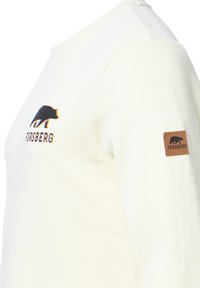 Felpa crema con logo di orso nero e testo "FORSBERG" sul davanti; include una patch quadrata in pelle marrone sulla manica.
