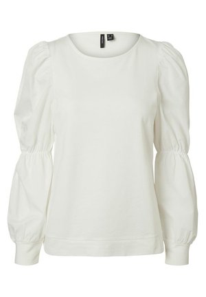 Witte blouse met lange mouwen, ronde hals en ballonmouwen die bij de elleboog en pols zijn geplooid.