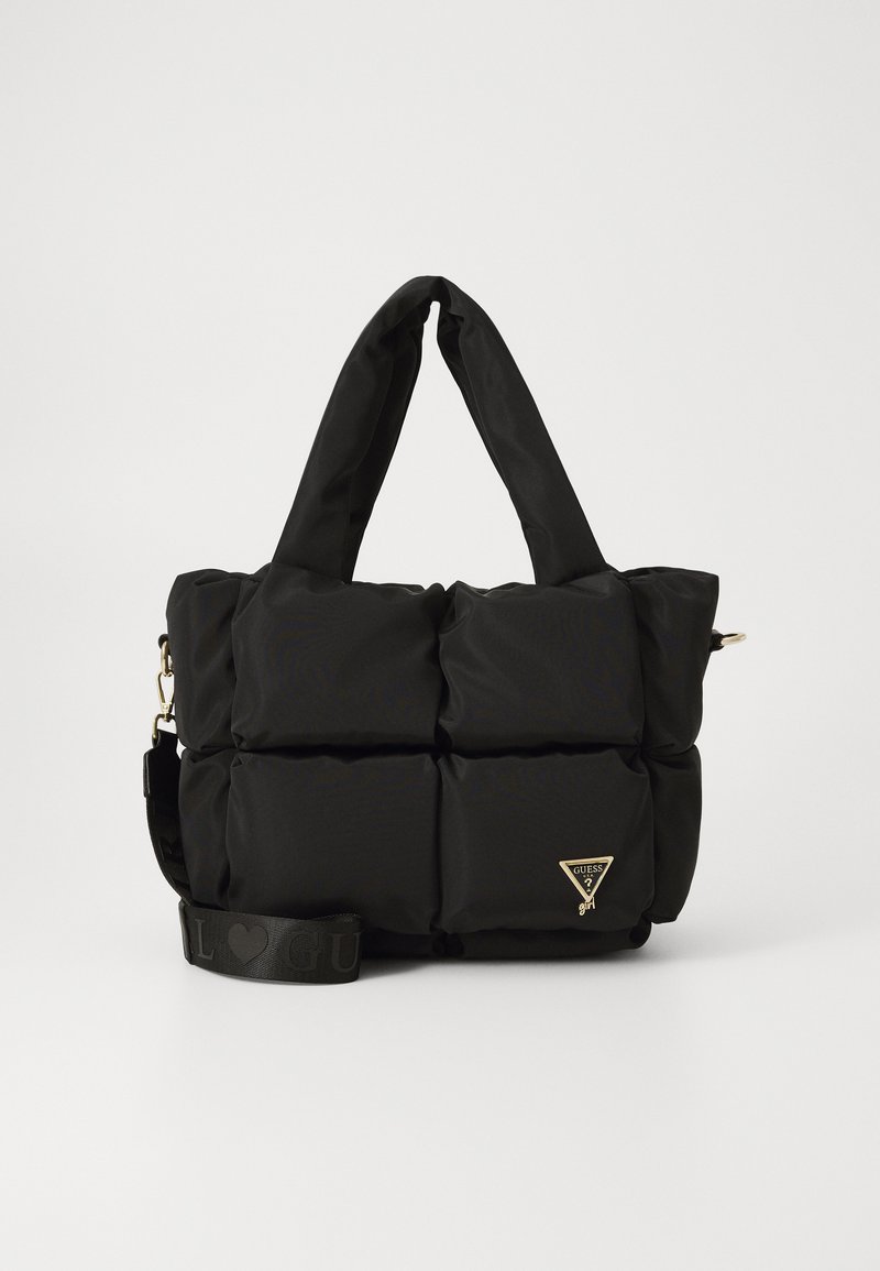 Black nylon bag with quilted design, dual handles, and adjustable strap. Features a gold logo plaque and textured accents.