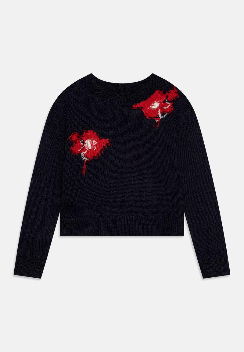 Melna īsā džemperis ar garām piedurknēm, kuram priekšpusē ir sarkana ziedu izšuvuma. Adīta tekstūra ar apaļu kakla izgriezumu un ribotu apakšmalu.