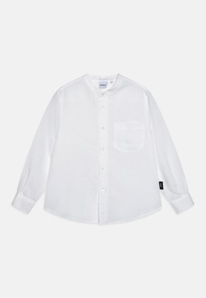 White long-sleeve button-up shirt with band collar, single chest pocket, and black tag on left side seam.