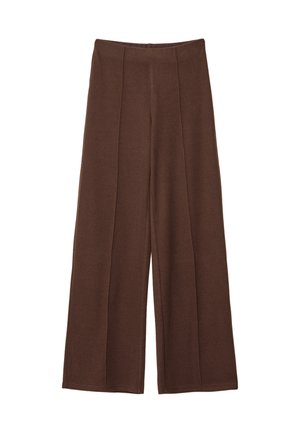 Pantaloni a gamba larga marroni realizzati in morbido tessuto, con vita alta e dettagli di pannello verticale. Senza chiusure visibili o motivi.