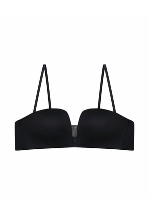 Czarny biustonosz bez ramiączek z regulowanymi cienkimi paskami, gładkim materiałem i bezszwowym designem. Posiada siateczkowy detal z tyłu.
