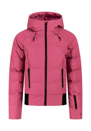 Veste d'hiver rose à capuche avec fermetures éclair noires et cordons de serrage réglables, comprenant des poches zippées sur les côtés et les manches.