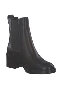Bottine noire en cuir avec un nez arrondi, des panneaux latéraux élastiques et un talon épais. Texture lisse et design épuré et minimaliste.