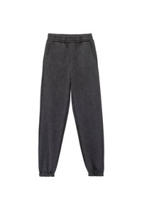 Ciemnoszare spodnie jogger w stylu, wykonane z miękkiego materiału, z elastycznym paskiem w talii, bocznymi kieszeniami oraz elastycznymi mankietami przy kostkach.