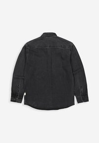 Zwarte denim shirt met lange mouwen, knopenmanchetten, kraag en gebogen rand. Kenmerkt zich door een zachte textuur en een minimalistisch ontwerp.