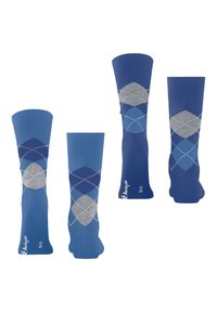 Chaussettes montantes bleu avec un motif argyle dans des nuances variées de bleu et de gris. Texture lisse avec des orteils et un talon renforcés.