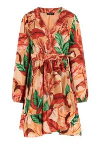 Abito a fiori in tessuto leggero, con vibranti motivi di foglie rosse e verdi, maniche lunghe, vita stretta e orlo arricciato.