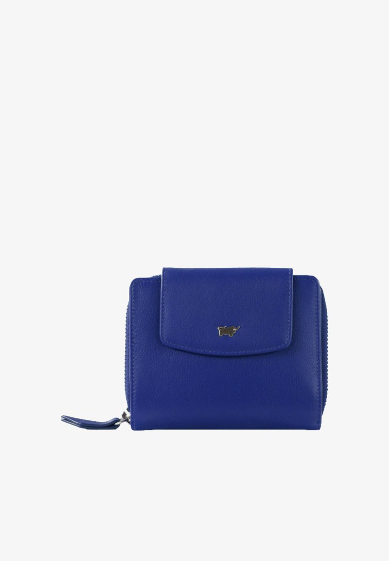 Portafoglio in pelle blu con pattina anteriore, logo in metallo dorato a forma di mucca, chiusura con zip e superficie testurizzata. Design compatto per carte e contante.