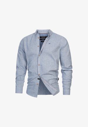 Ljusblå rutig skjorta i lin, med knapp-down krage, bruna knappar och en liten logotyp på vänster bröst.