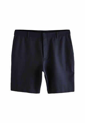 Marineblauwe shorts van een gladde, lichte stof. Voorzien van een vlakke voorkant, zijzakken en een getailleerde pasvorm met een subtiele glans.