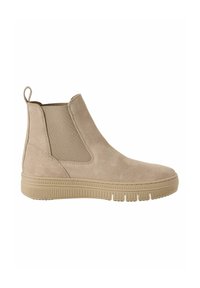Botte Chelsea en suede beige avec panneaux latéraux élastiques, bout rond et semelle en caoutchouc texturé. Comprend une languette pour un enfilage facile.