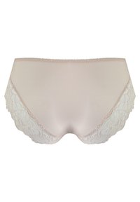 Jasnoróżowa bielizna z koronkowymi akcentami po bokach, gładka tkanina i bezszwowy krój dla komfortu. Widok z tyłu ukazuje półpełne pokrycie.
