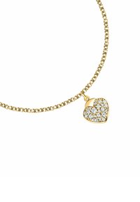 Collana in oro con pendant a forma di cuore, decorata con pietre trasparenti scintillanti, creando una superficie texture luccicante.