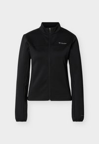 Μαύρο μακρυμάνικο μπουφάν Columbia με πλήρη φερμουάρ μπροστά, όρθιο γιακά, ελαστικά μανίκια και λογότυπο στο αριστερό στήθος και στο δεξί μανίκι.