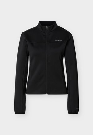 Μαύρο μακρυμάνικο μπουφάν Columbia με πλήρη φερμουάρ μπροστά, όρθιο γιακά, ελαστικά μανίκια και λογότυπο στο αριστερό στήθος και στο δεξί μανίκι.