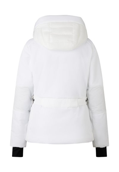 Biała kurtka puchowa z kapturem, z paskiem w talii i czarnymi mankietami. Posiada pikowaną fakturę i gładkie wykończenie materiału.