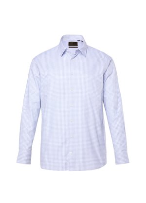 Lyseblå og hvide ternet langærmet skjortekjole med knaplukning foran og klassisk krave, vist på hvid baggrund.