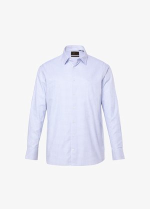 Lyseblå og hvide ternet langærmet skjortekjole med knaplukning foran og klassisk krave, vist på hvid baggrund.