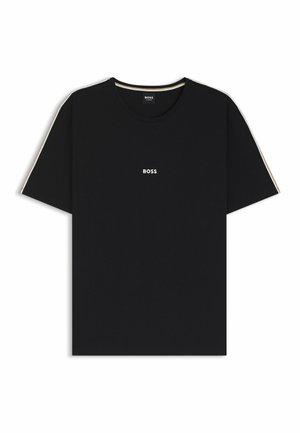 Black cotton t-shirt with short sleeves, round neck, and a white printed "BOSS" logo on the front. Features contrasting stripes on the shoulders.