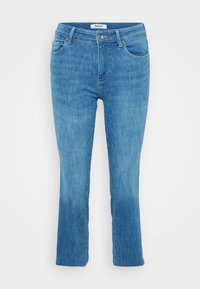 Světle modré džíny rovného střihu vyrobené z denimu, s knoflíkovým a zipovým zapínáním, pěti kapsami a minimalistickým designem.