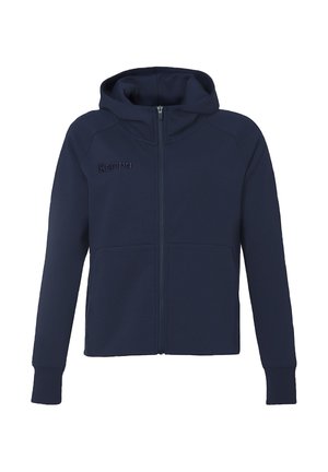 Marine blauwe zip-up hoodie van zachte stof, voorzien van een capuchon, voorzakken en een subtiel geborduurd logo op de borst. Soepele textuur.