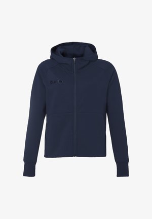 Marine blauwe zip-up hoodie van zachte stof, voorzien van een capuchon, voorzakken en een subtiel geborduurd logo op de borst. Soepele textuur.