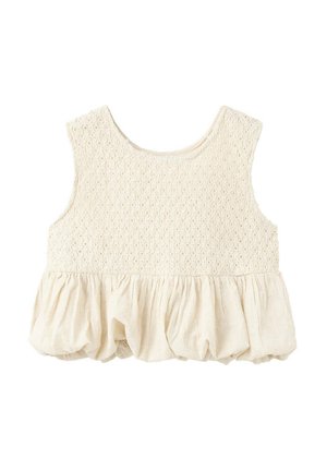 Haut sans manches couleur crème pour fille avec haut en maille texturée et bas en tissu froncé et bouffant.