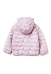 Gepolsterte Steppjacke in hellem Lavendel mit Kapuze. Verfügt über abgerundete, strukturierte Muster und elastische Bündchen für eine enge Passform.