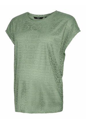 T-shirt in pizzo verde chiaro con maniche corte, motivo testurizzato su tutta la superficie, scollatura rotonda e vestibilità morbida.