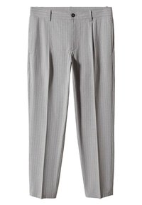Pantaloni grigi a righe sottili realizzati in tessuto leggero, con design a gamba dritta, tasche frontali e chiusura con un solo bottone.