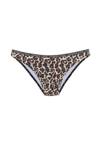 Bikini hlače s leopardjim vzorcem in črnim pasom, na katerem je napis "Copenhagen Studios". Material je raztegljiv in ima gladko teksturo.